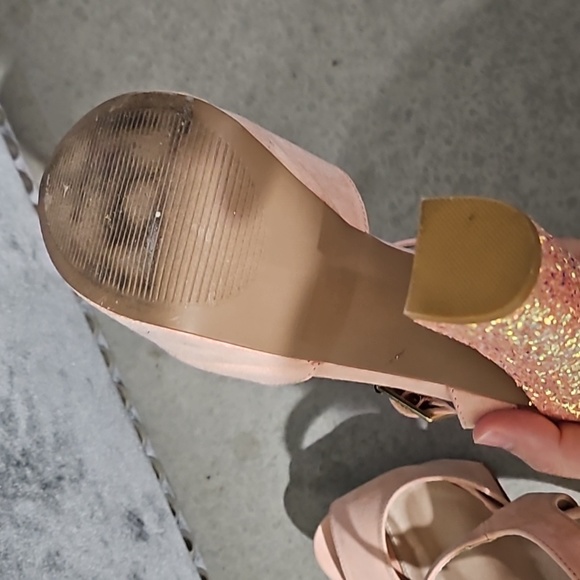 Soft Blush Suede Ankle Strap Platform Glittered Block Heels - Picture 5 of 6